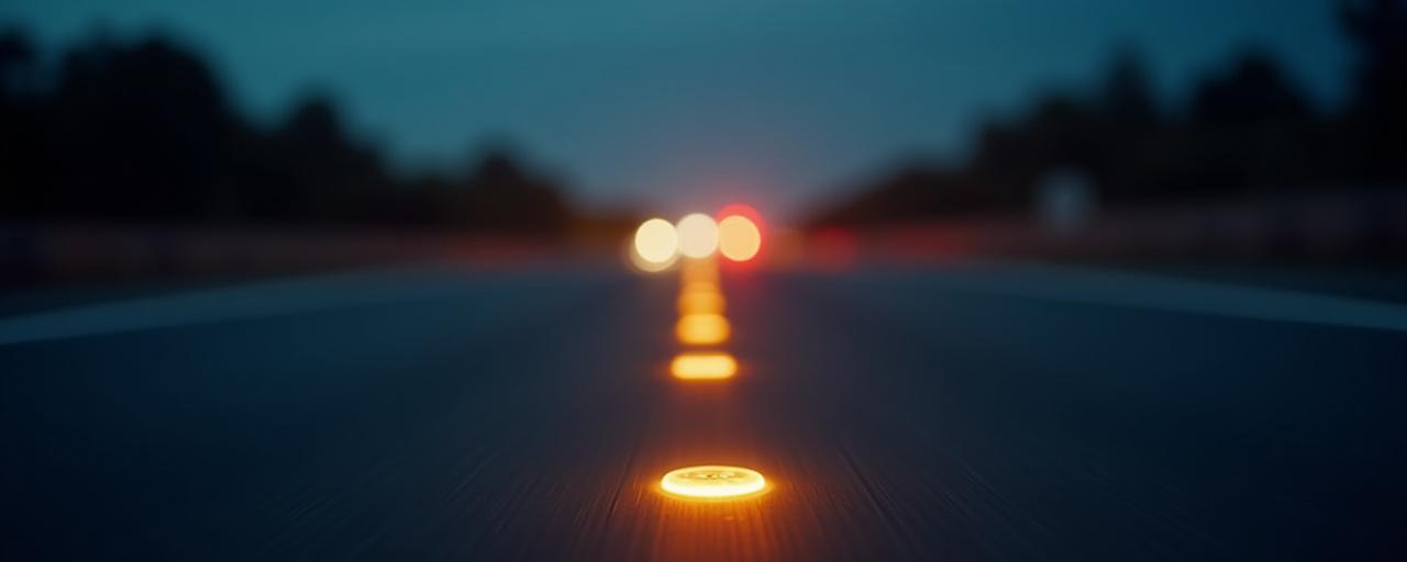 Leuchtende Keramik-Markierungen auf einer Autobahn bei Nacht, die Sensordaten visualisieren